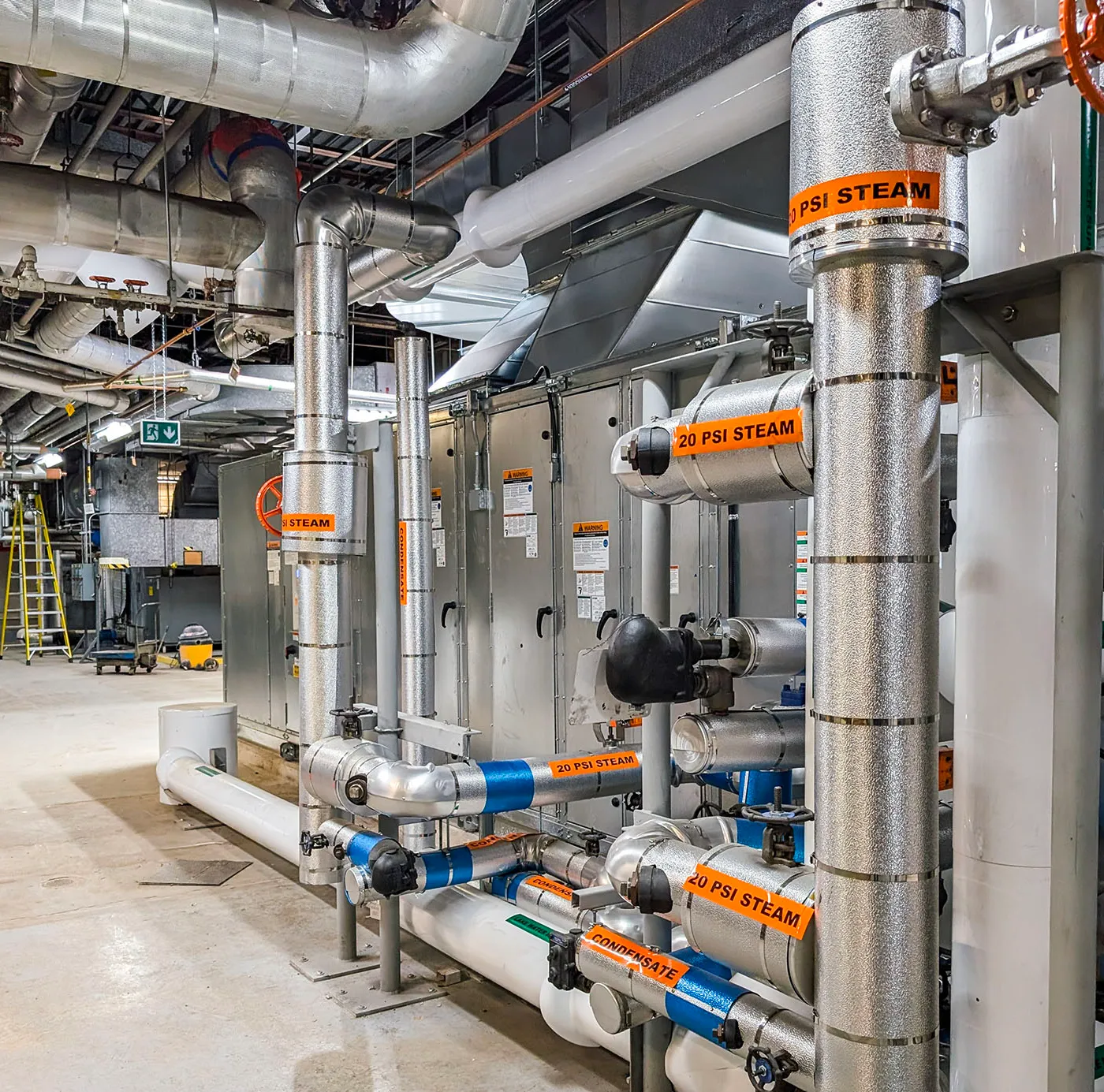 Mechanical room with piping, ducts, and building services equipment.