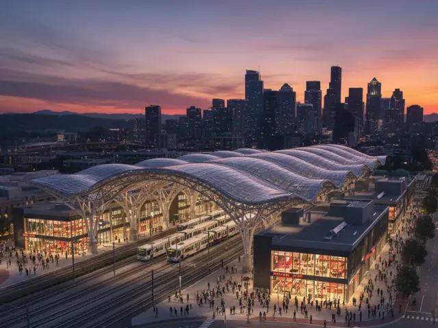 Architectural rendering of a transit hub with a curved canopy roof at dusk.