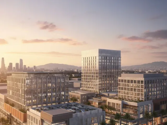 Architectural rendering of a mixed-use office and retail development at sunset.